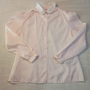 Vintage Pink Lisa Dale Blouse White Eyelet Lace Peter Pan Collar Puff Sleeve